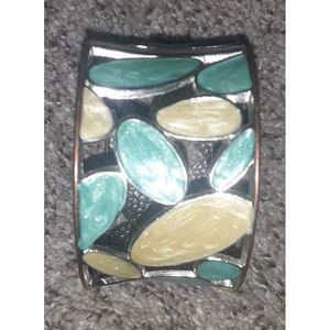 Wide Enamel Silver Tone Hinged Clamper Bracelet Turquoise &‎ Green Leaf Shapes